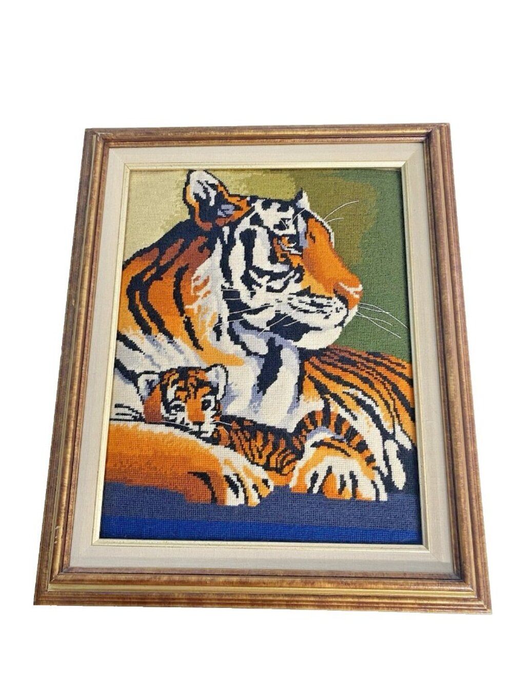 Vintage Needlepoint Tiger Cub Tigress Framed Art 18.5in x 21.5in Wood Frame